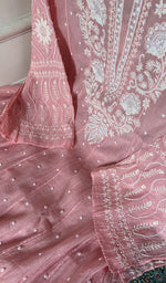 Load image into Gallery viewer, Basma Women's Lucknowi Handcrafted Mul Chanderi Semi - stitched Chikankari Anarkali Full Set - HONC0355635
