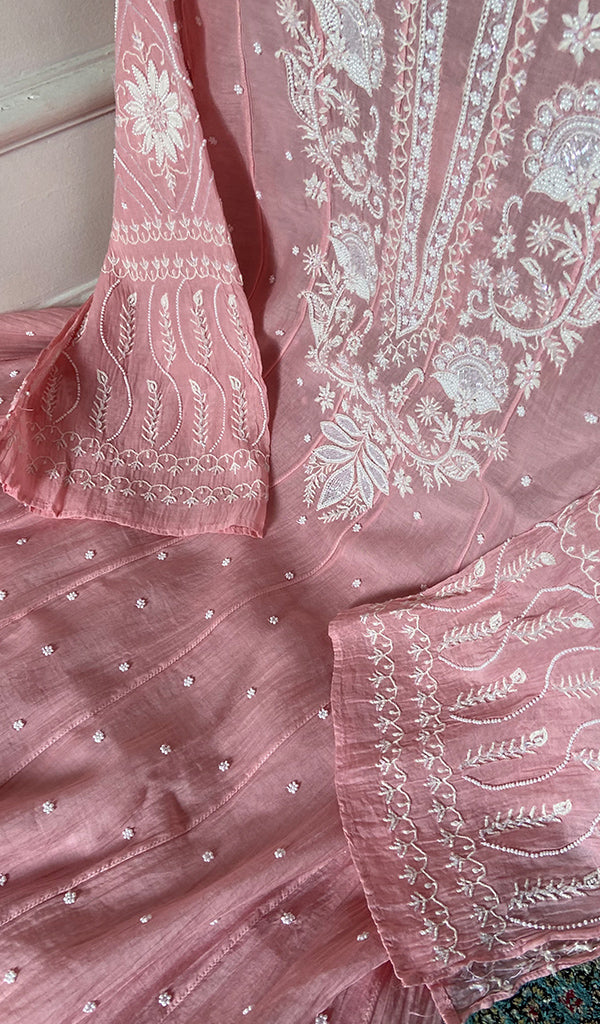 Basma Women's Lucknowi Handcrafted Mul Chanderi Semi - stitched Chikankari Anarkali Full Set - HONC0355635