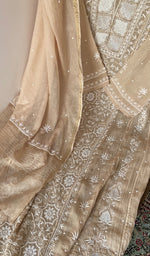 Beige Pure Mul Chanderi Chikankari 3 Pc Semi-Stitched Anarkali Suit Set