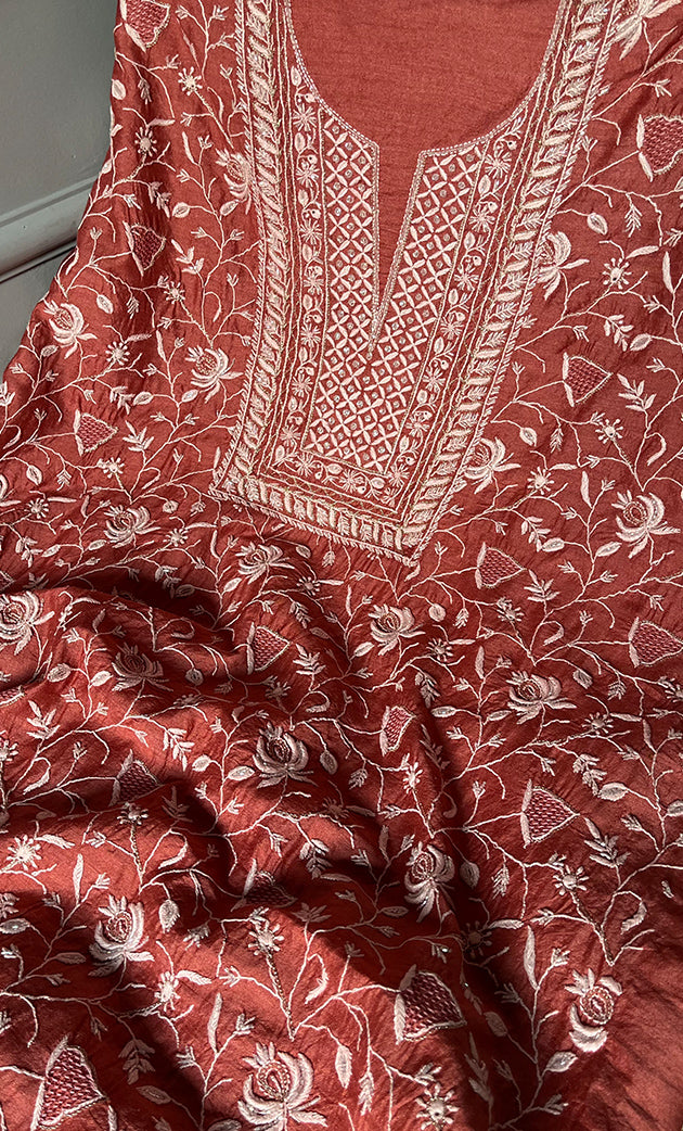 Women's Lakhnavi Handcrafted Munga Silk Chikankari Kurta And Dupatta Set- HONC0282386