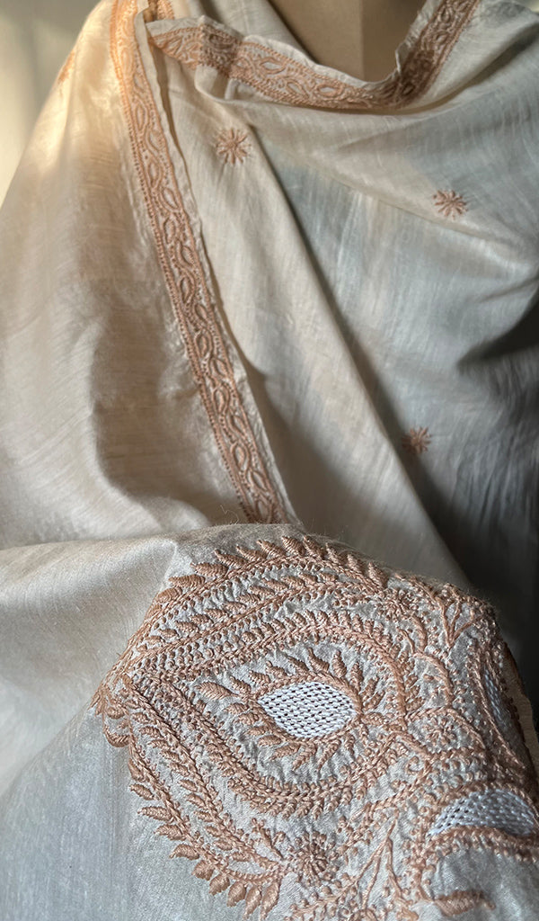 Women's Lakhnavi Handcrafted  Munga Silk Chikankari Dupatta - HONC0180060