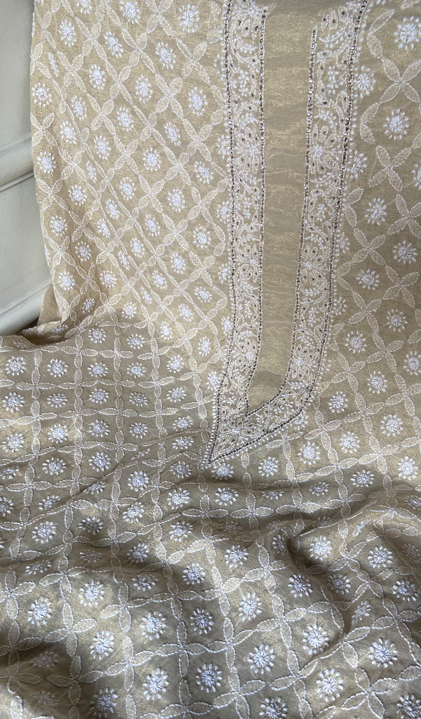 Lucknowi Handcrafted Tissue Chanderi Chikankari Unstitched Unisex Kurta Fabric - HONC0338779