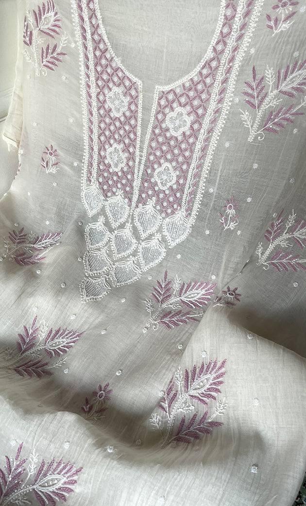 Women's Lakhnavi Handcrafted Unstitched Mul Chanderi Kurta And Dupatta Set - HONC0319478
