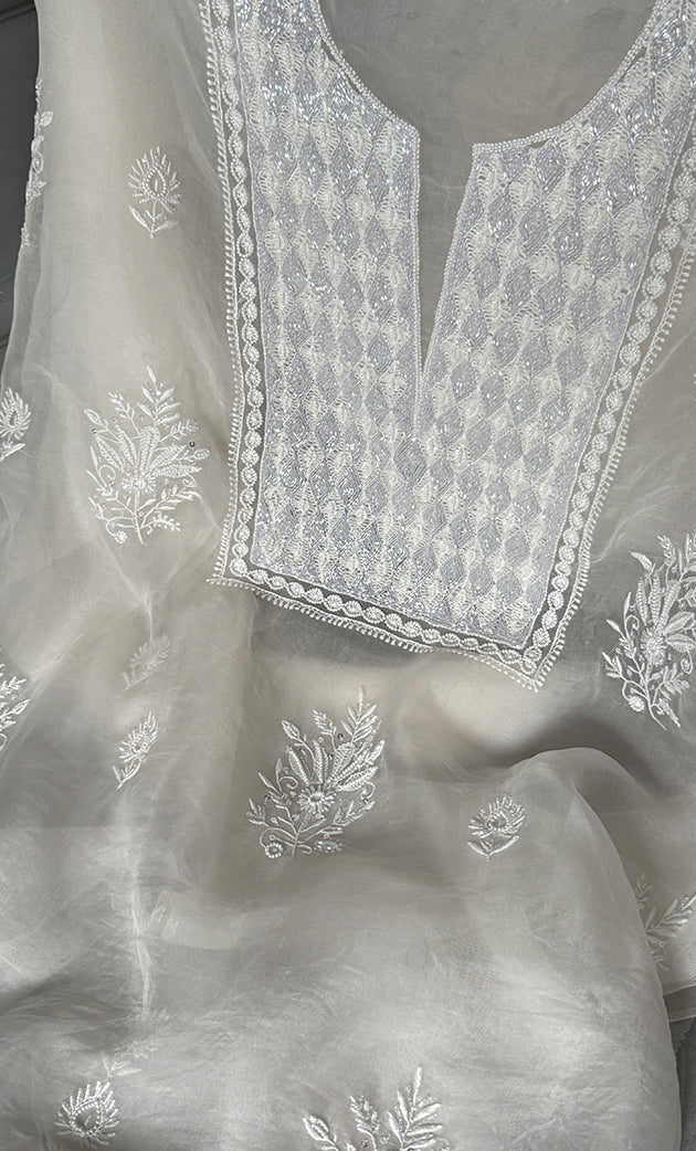 Women's Lakhnavi Handcrafted Pure Organza Chikankari Unstitched Kurta And Dupatta Set- HONC0307956