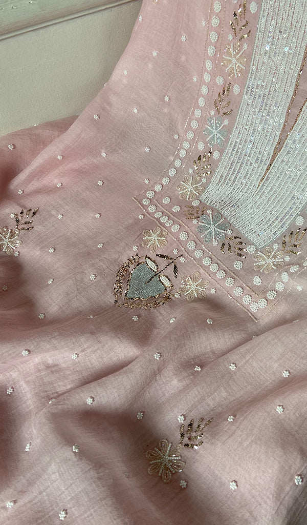 Women's Lakhnavi Handcrafted Mul Chanderi Unstitched Chikankari Full Suit Material - HONC0344644