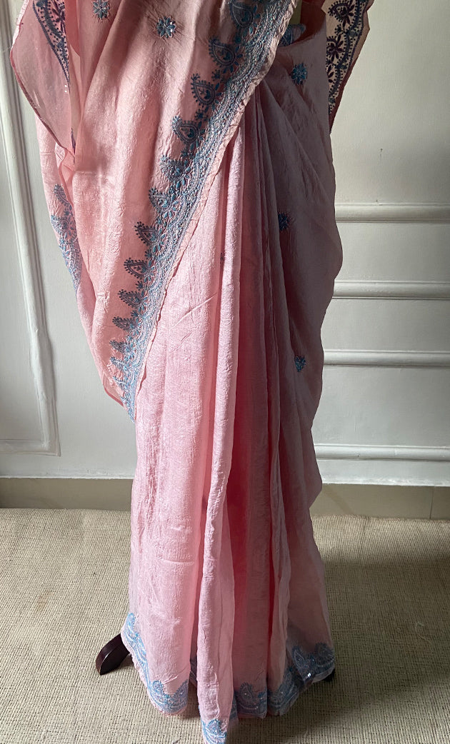 Women's Lakhnavi Handcrafted Tussar Silk Chikankari Saree - HONC0289386