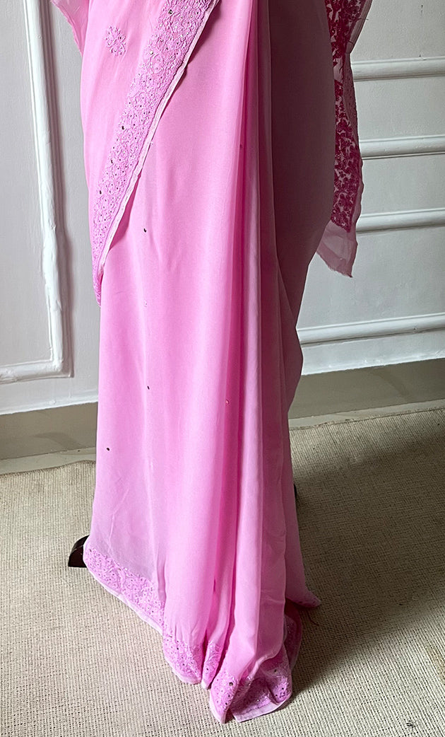 Women's Lakhnavi Handcrafted Viscose Georgette Chikankari Saree - HONC0307136