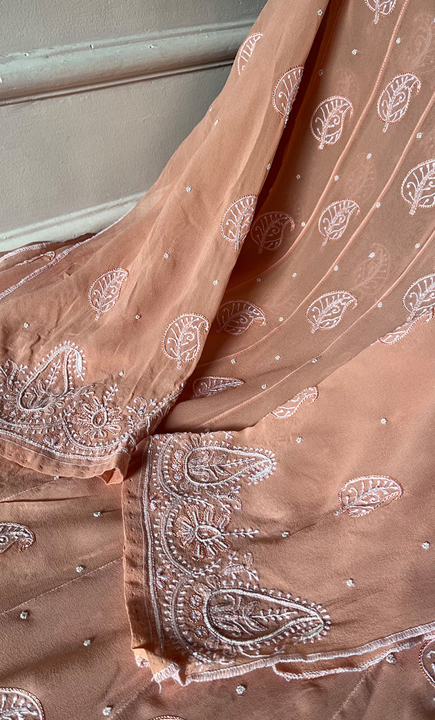 Women's Lakhnavi Handcrafted Pure Silk Georgette Unstitched Chikankari Anarkali And Dupatta Set- HONC0258457