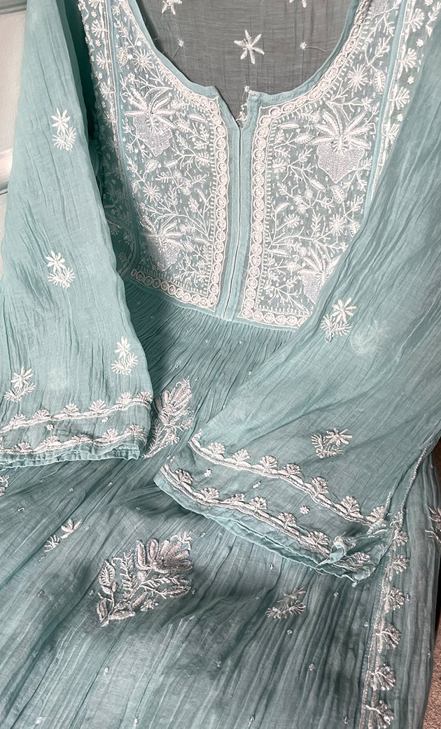 Women's Lakhnavi Handcrafted Mul Chanderi Semi - stitched Chikankari Full Suit Material - HONC0323620