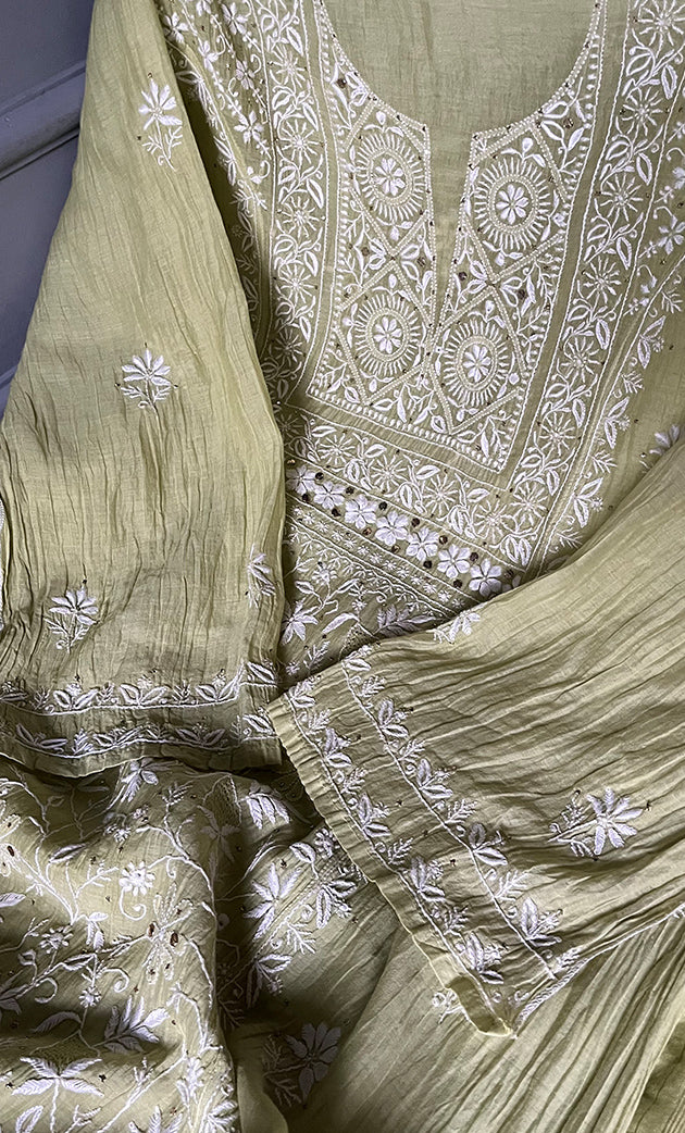 Women's Lakhnavi Handcrafted Mul Chanderi Semi - Stitched Kurta And Dupatta Set - HONC0270073