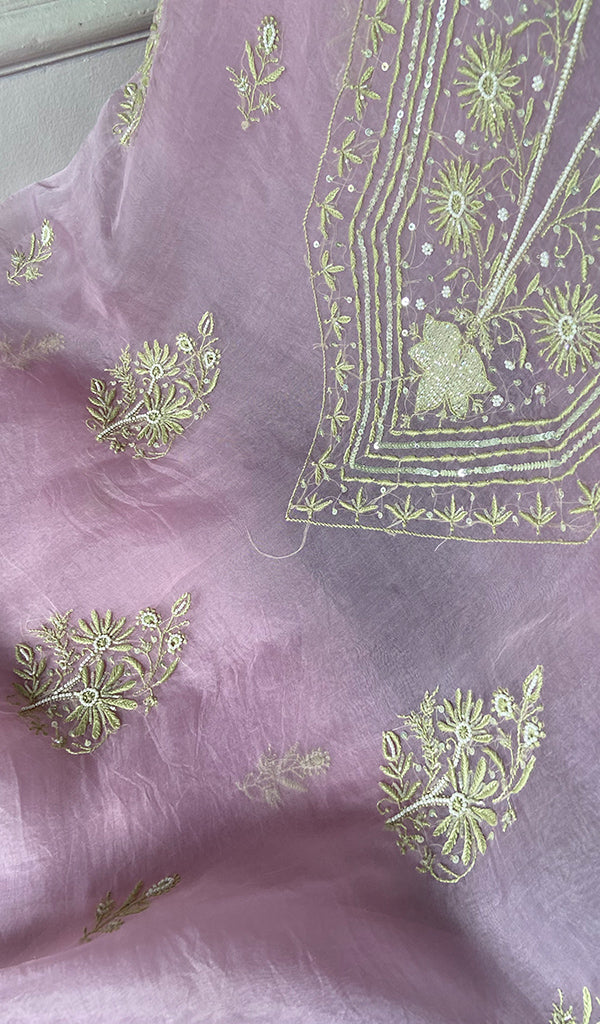 Women's Lakhnavi Handcrafted Pure Organza Chikankari Unstitched Kurta And Dupatta Set- HONC0348010