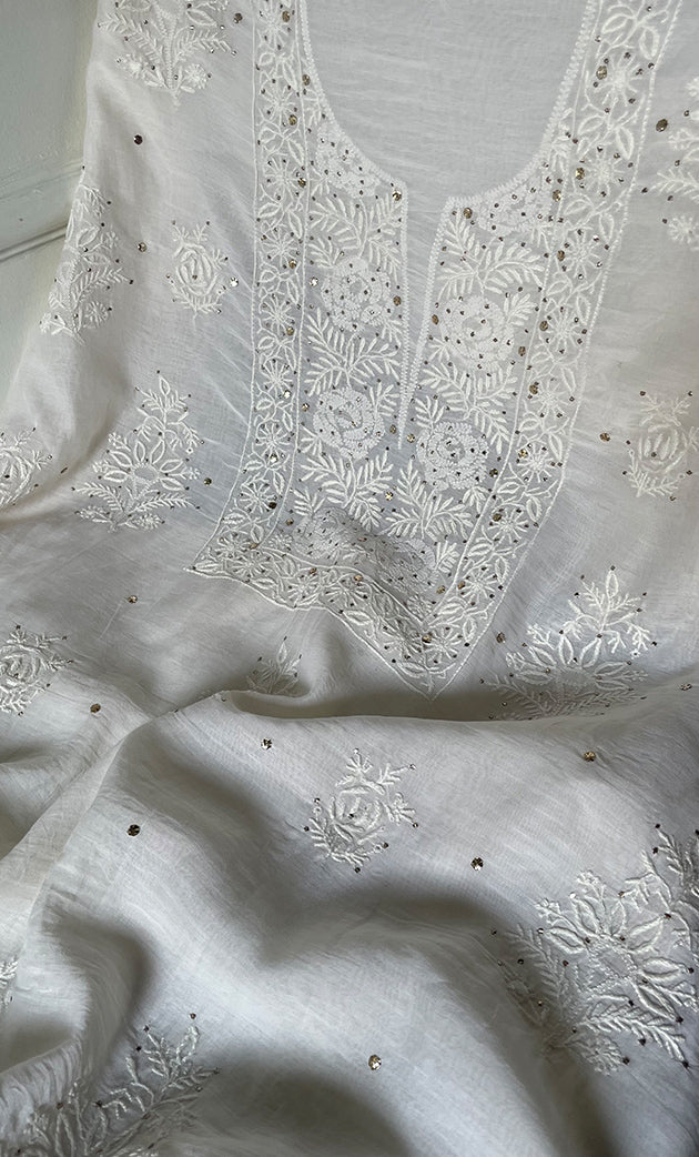 Women's Lakhnavi Handcrafted Mul Chanderi Unstitched Kurta And Dupatta Set - HONC0263960