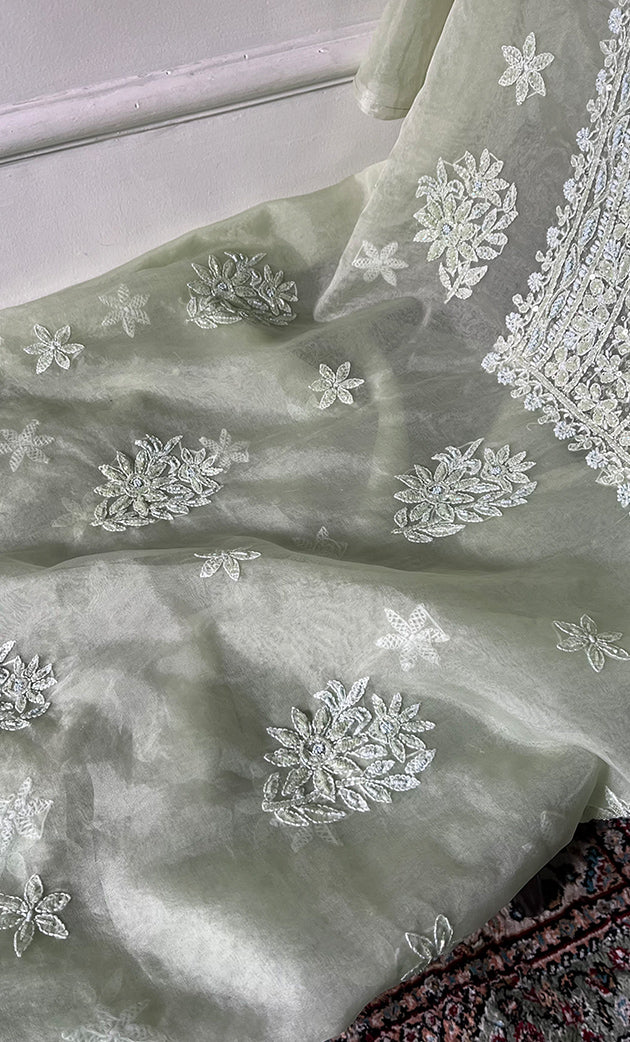 Women's Lakhnavi Handcrafted Organza Chikankari Unstitched Full Suit Material - HONC0258373