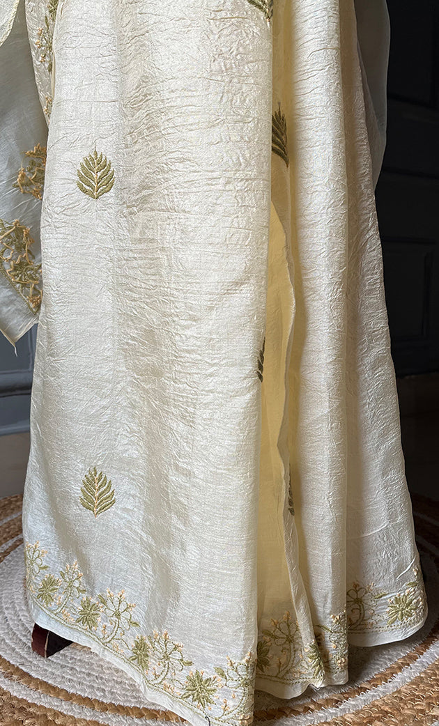 Women's Lakhnavi Handcrafted Tussar Silk Chikankari Saree - HONC0258441