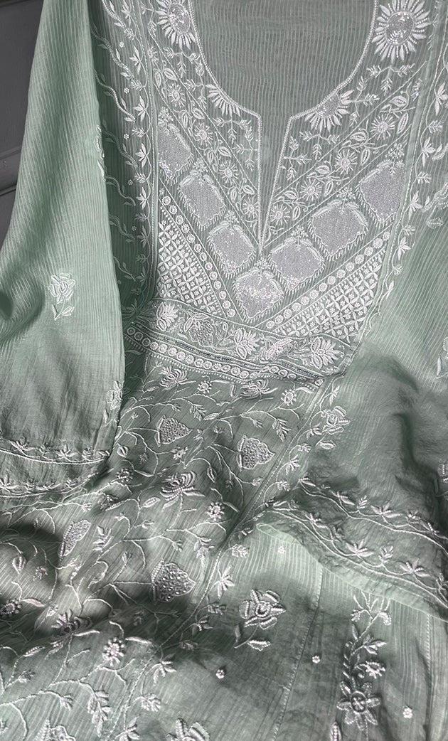 Women's Lakhnavi Handcrafted Mul Chanderi Semi - Stitched Anarkali And Dupatta Set - HONC0299232