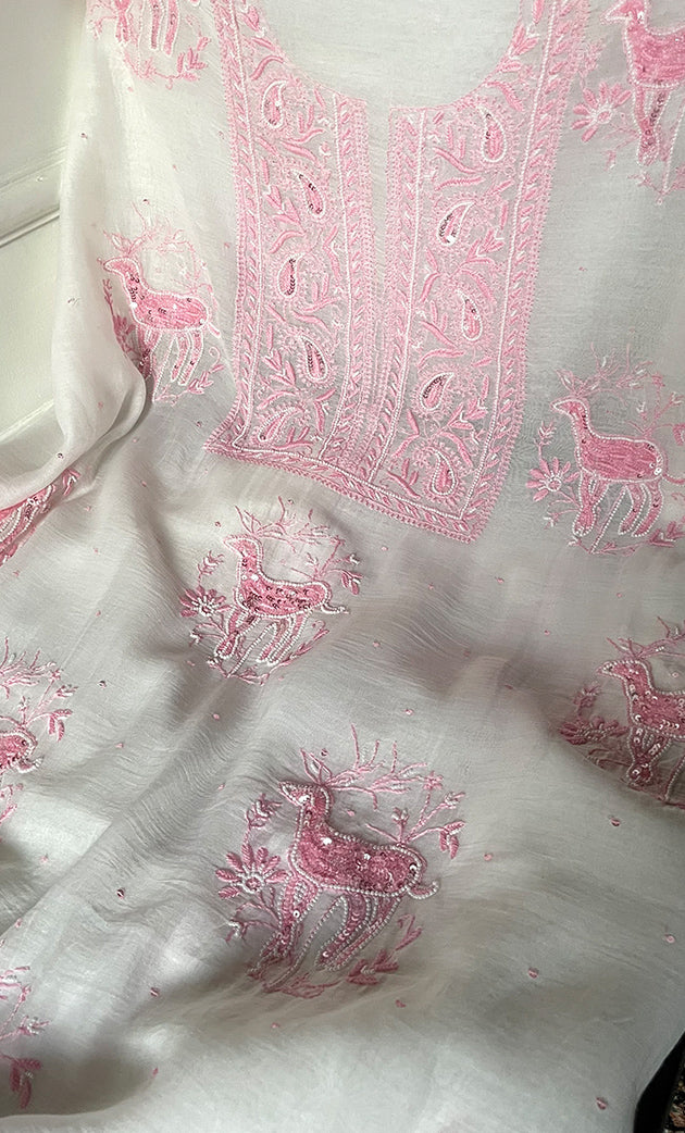 Women's Lakhnavi Handcrafted Unstitched Mul Chanderi Kurta And Dupatta Set - HONC0312096