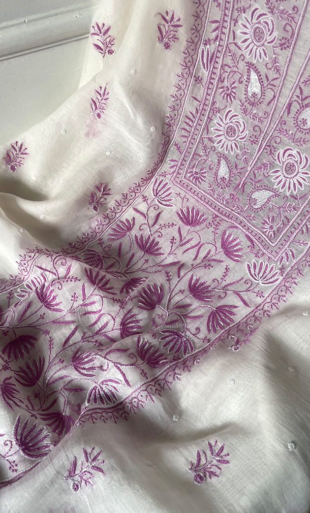 Women's Lakhnavi Handcrafted Unstitched Mul Chanderi Kurta And Dupatta Set - HONC0327488