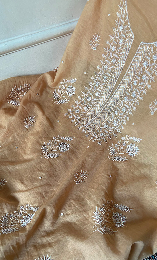 Women's Lakhnavi Handcrafted Mul Chanderi Unstitched Chikankari Full Suit Material - HONC0317046