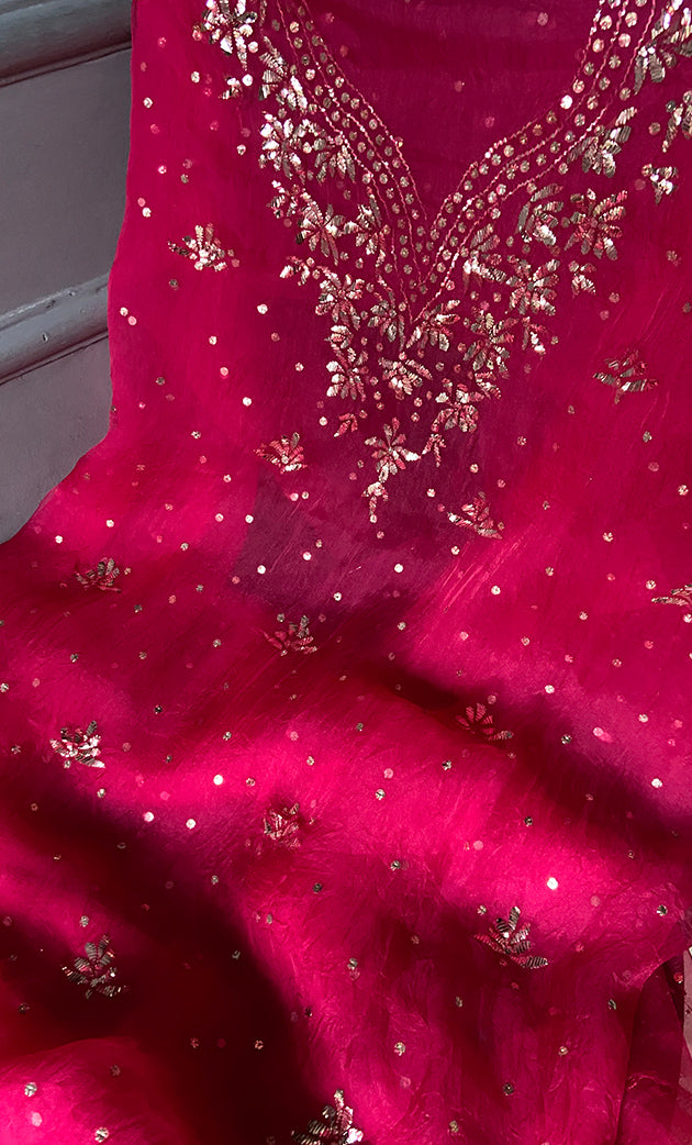 Women's Lakhnavi Handcrafted Pure Organza Chikankari Unstitched Kurta And Dupatta Set- HONC0290692