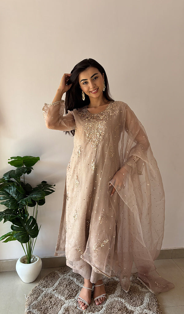 Women's Lucknowi Handcrafted Pure Organza Silk Stitched Chikankari Kurta, Dupatta With Pant Set- HONC0368443
