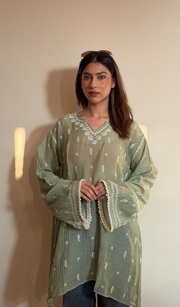 Green Pure Mul Chanderi Chikankari Stitched Short Kurti