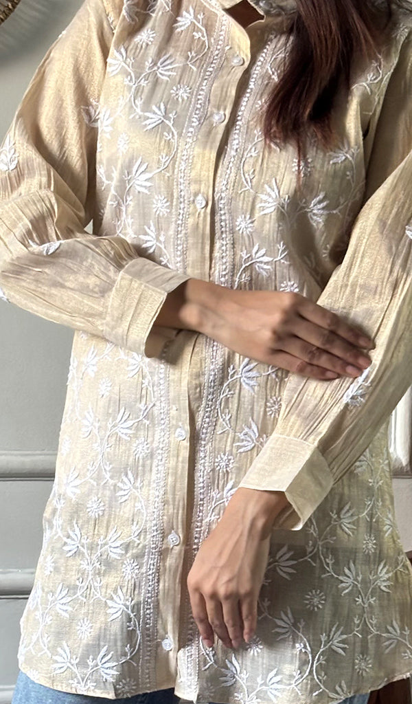 Women's Lakhnavi Handcrafted Tissue Chanderi Chikankari Top - HONC0348539