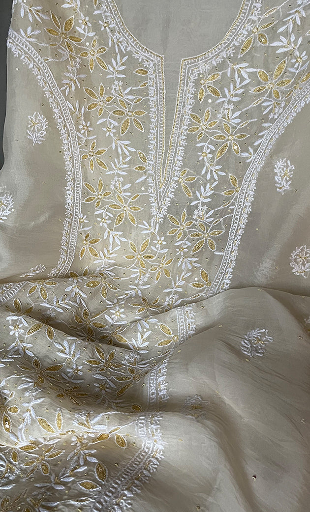 Women's Lakhnavi Handcrafted Pure Organza Chikankari Unstitched Kurta And Dupatta Set- HONC0319581