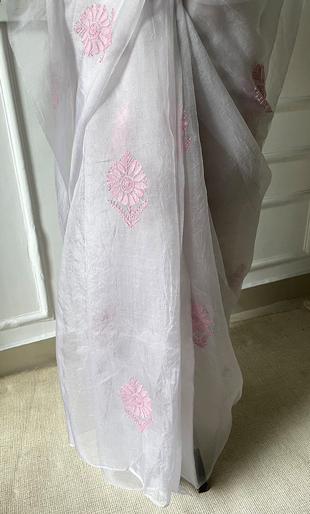Women's Lucknowi Handcrafted Pure Organza Silk Chikankari Saree - HONC0294653