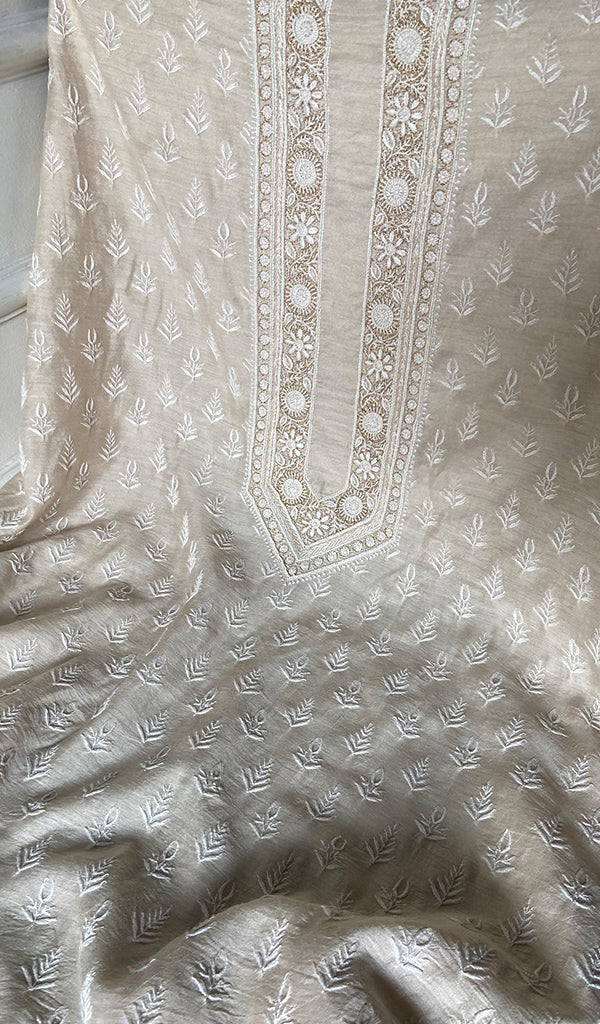 Lucknowi Handcrafted Munga Silk Chikankari Unstitched Men's Kurta Fabric - HONC0338568