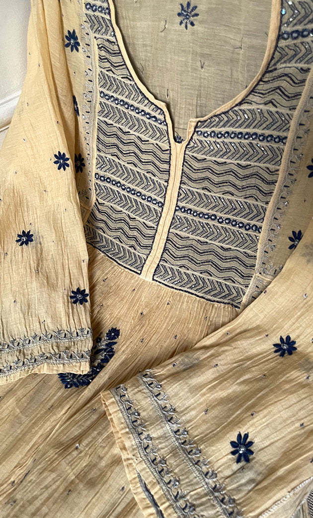 Women's Lakhnavi Handcrafted Mul Chanderi Semi-Stitched Kurta And Dupatta Set - HONC0286654