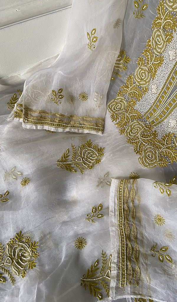 Women's Lakhnavi Handcrafted Pure Organza Chikankari Semi - Stitched  Kurta And Dupatta Set- HONC0341493