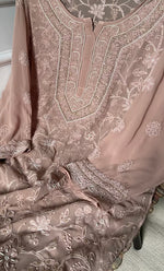 Load image into Gallery viewer, Women&#39;s Lakhnavi Handcrafted Pure Silk Georgette Semi - Stitched Chikankari Kurta And Dupatta Set - HONC0302217
