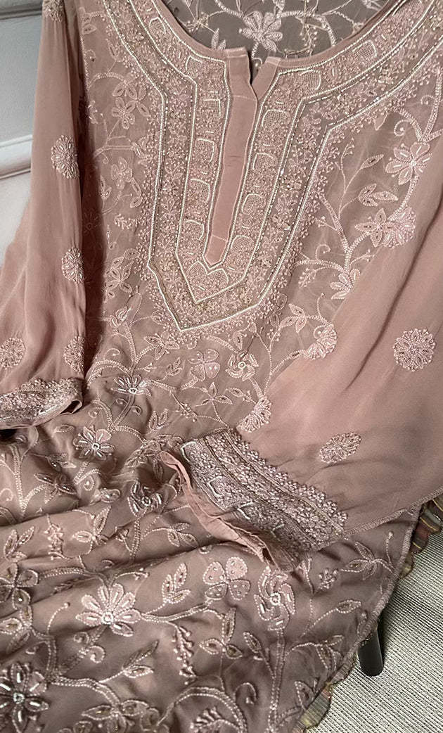 Women's Lakhnavi Handcrafted Pure Silk Georgette Semi - Stitched Chikankari Kurta And Dupatta Set - HONC0302217