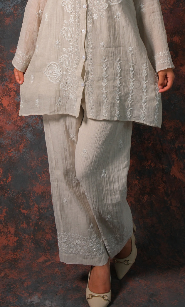 Women's Lakhnavi Handcrafted Tissue chanderi Chikankari Kurta And palazzo Set - HONC0322042