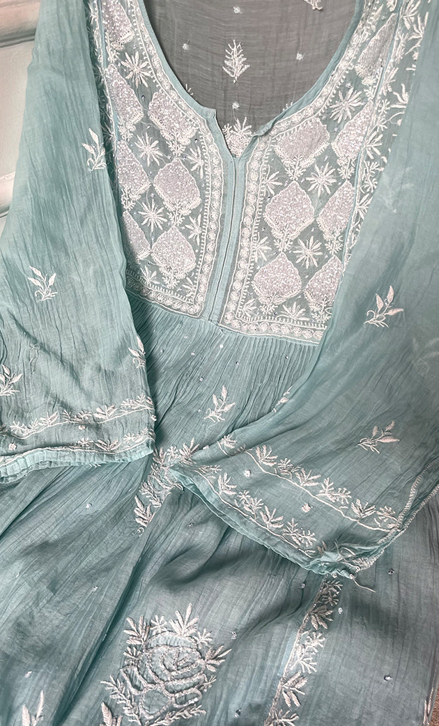 Women's Lakhnavi Handcrafted Mul Chanderi Semi - stitched Chikankari Full Suit Material - HONC0323621