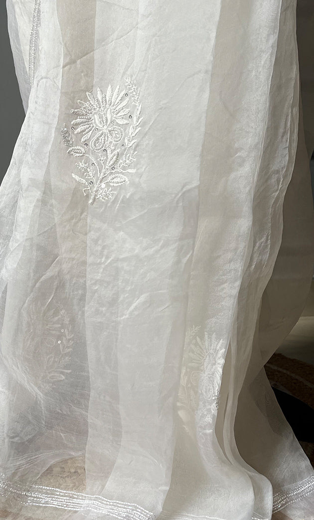 Women's Lucknowi Handcrafted Pure Organza Silk Chikankari Saree - HONC0295371