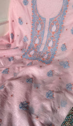 Women's Lakhnavi Handcrafted Mul Chanderi Unstitched Chikankari Full Suit .