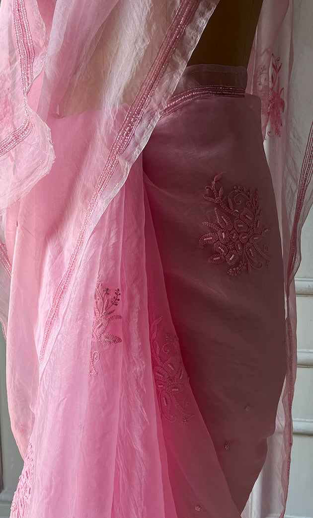 Amna Women's Lucknowi Handcrafted Pure Organza Silk Chikankari Saree - HONC0283191