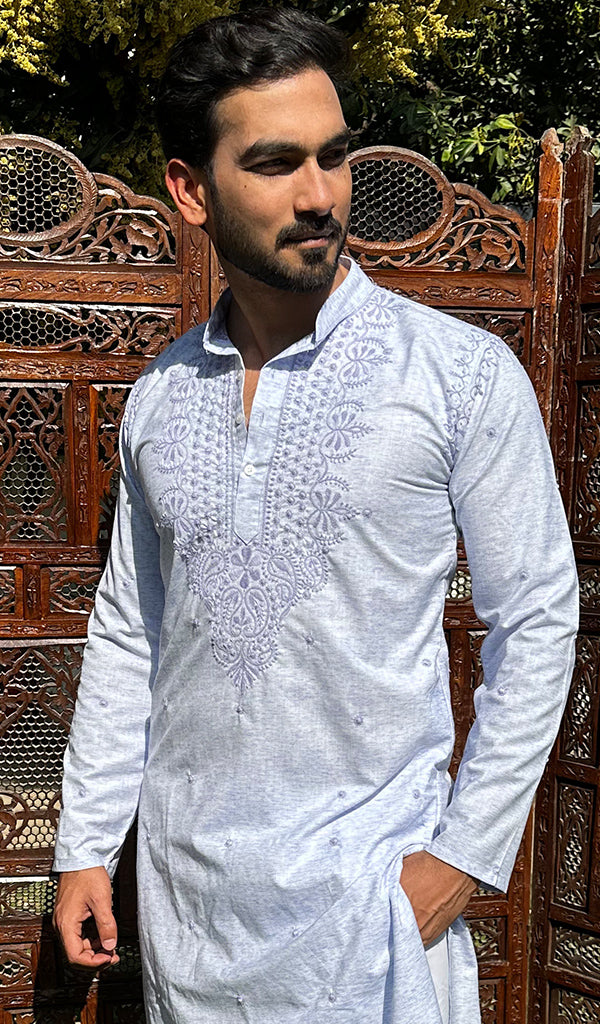 Men's Lucknowi Handcrafted Cotton Chikankari Kurta - HONC0329857