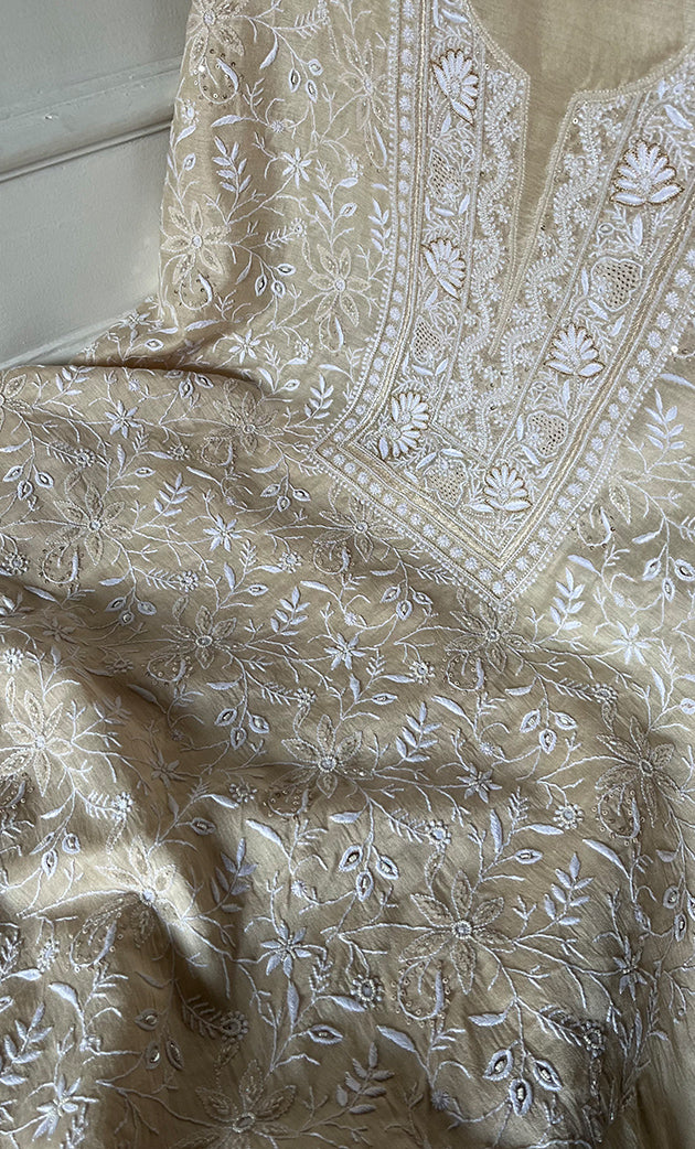 Women's Lakhnavi Handcrafted Unstitched Munga Silk Chikankari Kurta And Dupatta Set- HONC0275148