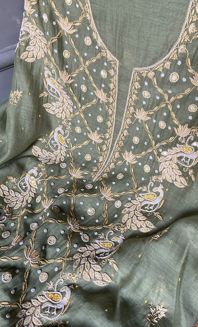 Women's Lakhnavi Handcrafted Mul Chanderi Unstitched Kurta And Dupatta Set- HONC0312987