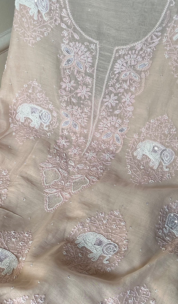 Women's Lakhnavi Handcrafted Mul Chanderi Chikankari Full Suit Material - HONC0282561