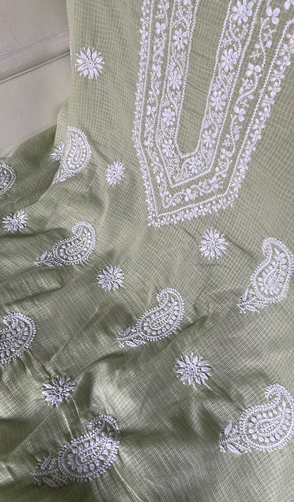 Women's Lucknowi Handcrafted Kota Cotton Chikankari Unstitched Angrakha And Dupatta Set - HONC0340098