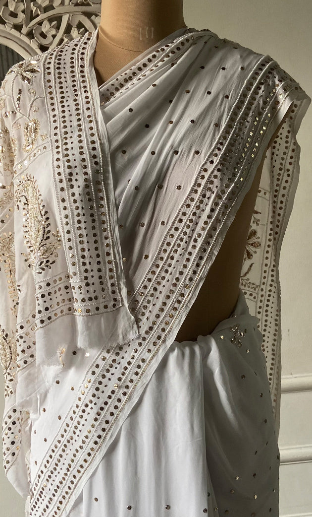 Women's Lakhnavi Handcrafted Viscose Georgette Chikankari Saree - HONC0328912