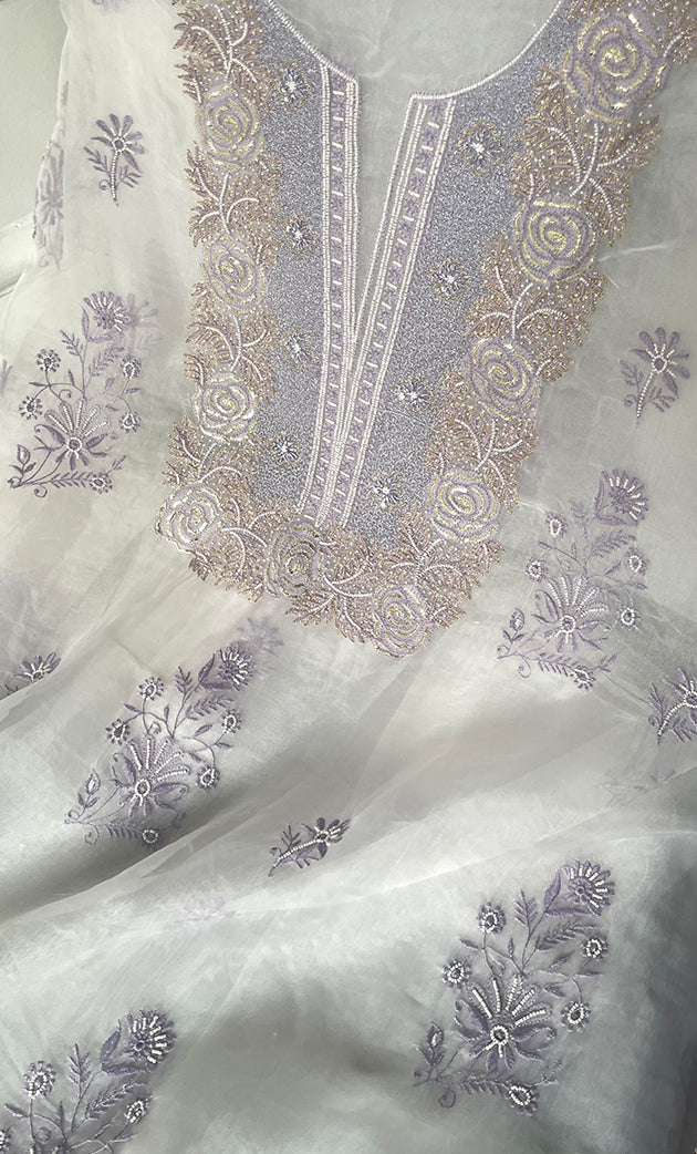 Mehnaj Women's Lakhnavi Handcrafted Pure Organza Chikankari Unstitched Kurta And Dupatta Set- HONC0316112