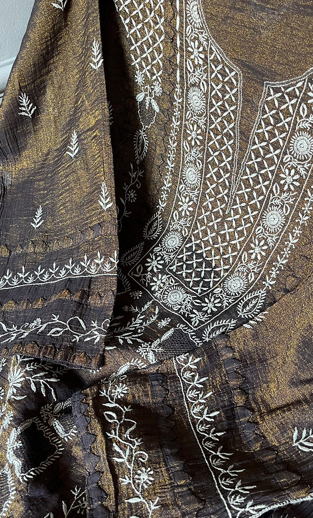 Women's Lakhnavi Handcrafted Tissue Chanderi Semi - Stitched Chikankari Kurta Dupatta Set - HONC0271314