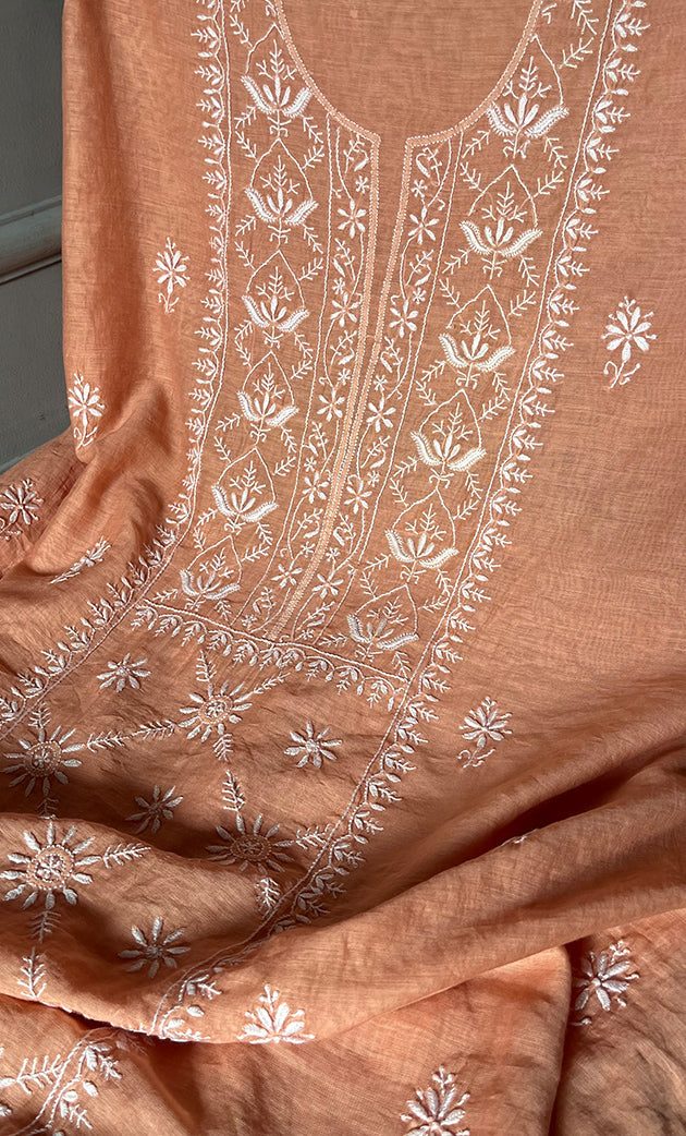 Women's Lakhnavi Handcrafted Mul Chanderi Chikankari Full Suit Material - HONC0307427