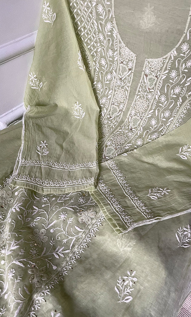 Women's Lakhnavi Handcrafted Mul Chanderi Semi - Stitched Kurta And Dupatta Set- HONC0282429