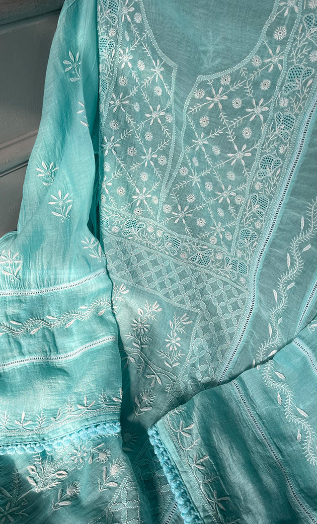 Women's Lakhnavi Handcrafted Mul Chanderi Semi-stitched Kurta And Dupatta Set- HONC0288568