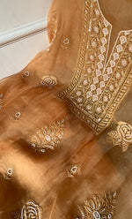 Load image into Gallery viewer, Women's Lakhnavi Handcrafted Pure Organza Chikankari Unstitched Kurta And Dupatta Set- HONC0311700